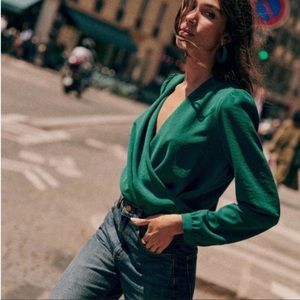 Sezane ABÉLIA Faux Wrap Blouse in Bottle Green